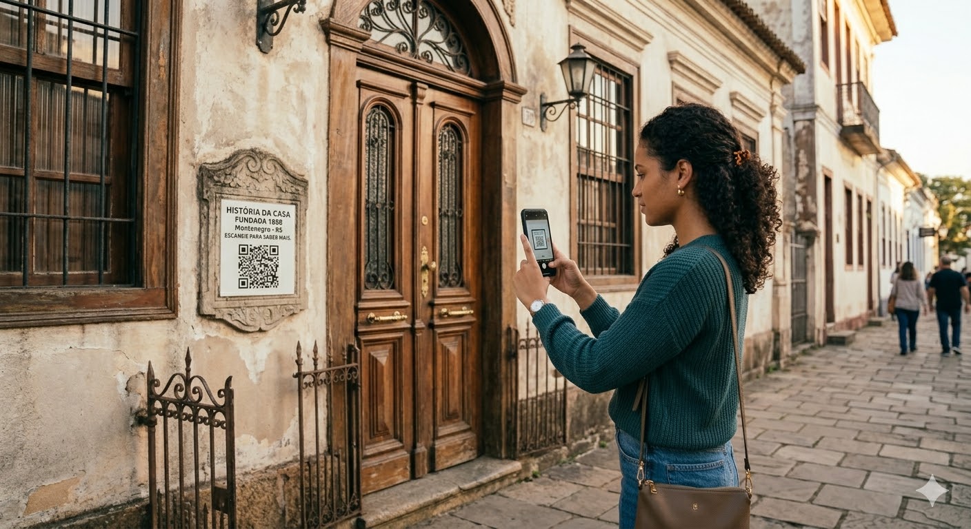 Pessoa apontando para QR Code no parque